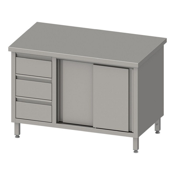 Stalgast werkkast met schuifdeuren 2000x700x850mm, met 3 ladeblok links, zonder opstand, gelast, VAS20706L