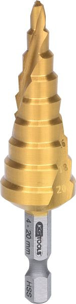 KS Tools 1/4" HSS-TiN stappenboor, diameter 4-20 mm, 9 stappen, 330.2385