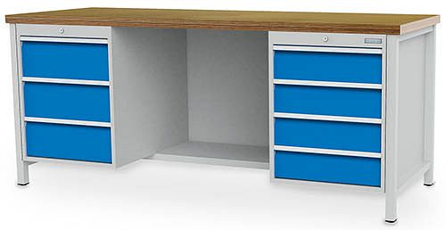 Bedrunka + Hirth box werkbank serie 2000 R18-24, lade volledig uittrekbaar 100%, 100 kg, rechts 4 lades à 150 mm, 2000 x 750 x 859 mm, 03.19.29V