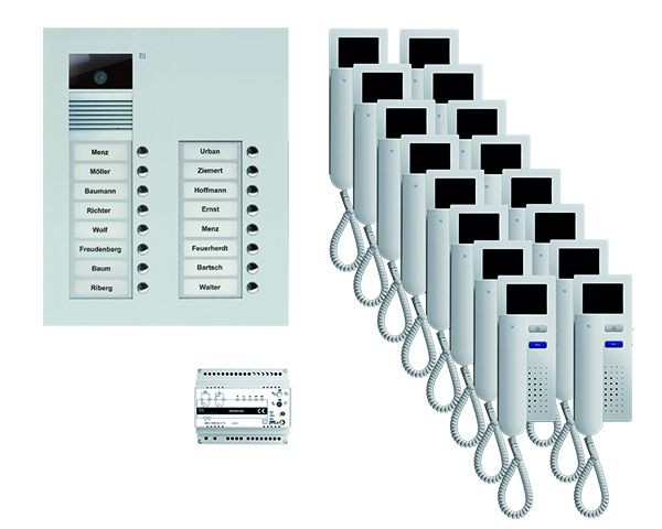 TCS deurbediening video: pack UP voor 16 wooneenheden, met voordeurstation AVU 16 belknoppen, 16x videodeurtelefoon IVH3222, bediening, PVU16160-0010