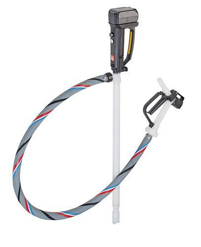 DENIOS Akku-Pumpe B2 aus PVDF, 260 W, Tauchtiefe 1000 mm, Schlauch 1,5 m, Zapfventil, 267783
