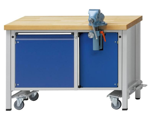ANKE werkbank voor assemblage; mobiel; met aandrijfinrichting; 1270x700mm; Beuk massieve plaat; Plaat randbescherming; 1 deur links; Bankschroefcompartiment rechts