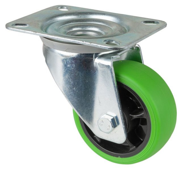BS rollen transportrol zwenkrol, thermoplastisch rubber wiel, groene band, rollager, plaat, diameter: 80 mm, verpakking: 4 stuks, L400.B44.081.04