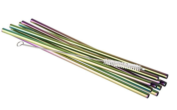 APS rietjes set van 11, Ø 6 mm, lengte: 21,5 cm, roestvrij staal 18/8, regenbooglook, inhoud: 10 rietjes, 1 schoonmaakborstel, 93382