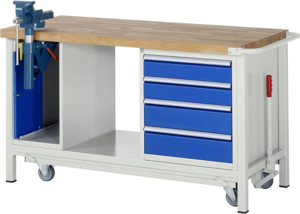 RAU werkbank met neerlaatbaar onderstel serie 8000, 2 onderbouwcontainers (bankschroef - 4x lade), legbord, 1500x880x700 mm, 05-8185A6-157B4F.11