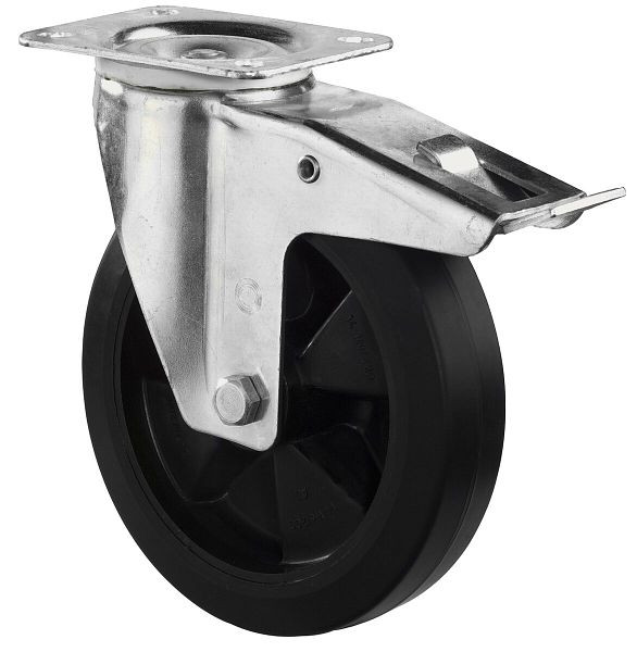 BS rollen transportrol met rem, breedte 45 mm, Ø125 mm, tot 150 kg, zwarte elastische banden, kunststof wiellichaam, rollager, LS420.B60.125