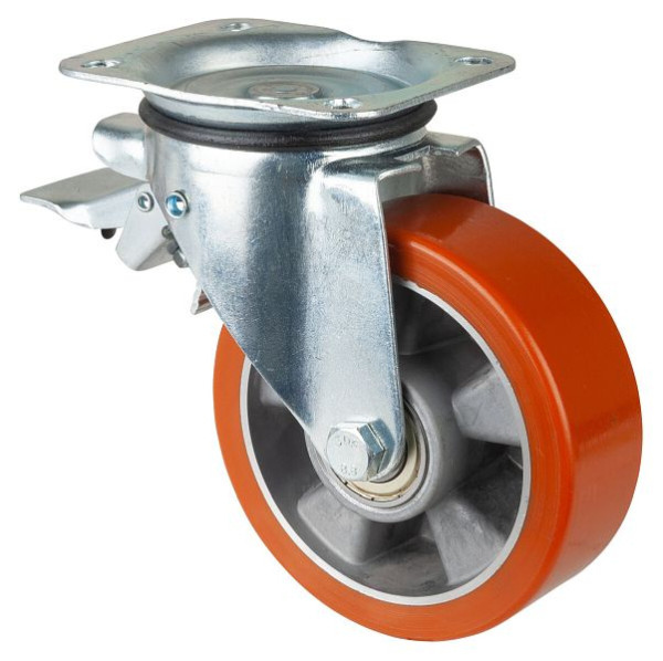 BS rollen transportrol met rem, breedte 50 mm, Ø150 mm, tot 450 kg, gegoten polyurethaan loopvlak, aluminium behuizing, kogellagers, L420.B90.152