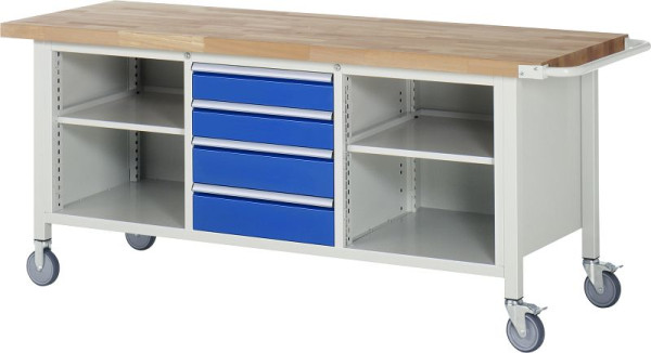 RAU verrijdbare werkbank model 8566, B2000xD700xH880-1080mm, links: plank, midden: 2x120, 2x150mm, rechts: plank, 05-8566A2-207B4H.11