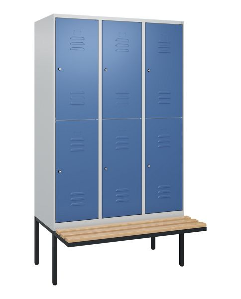 C+P dubbeldekskast Classic PLUS, 3 compartimenten, 2120x1200x815mm, 7035/5023, cilindersloten, beukenhouten zitlatten, zitting, 0803407-32 S10095