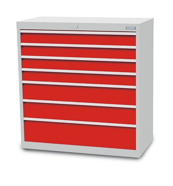 Bedrunka + Hirth ladekast, serie T500-9, met 7 lades, paneelhoogte in mm: 4x 100, 2x 150, 1x 200, 90.421A