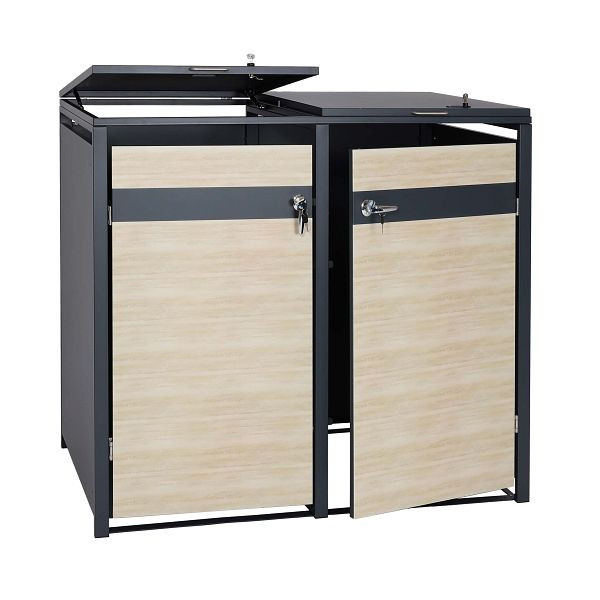 Mendler HWC-J82 2-zits vuilnisbak bekleding, vuilnisbak, uitbreidbaar, metaal 50kg, antraciet, beukenhout look lichtbruin, 83357+83358