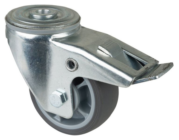 BS Rollen transportwiel zwenkwiel met rem, grijs thermoplastisch rubberen wiel, kogellager, achtergat, diameter: 80 mm, VE = 4 stuks, L121.A85.082