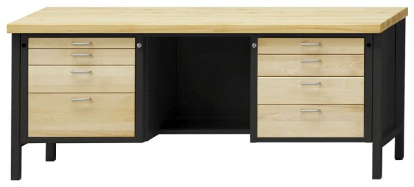 ANKE kastwerkbank; 2000x700mm; Beuk massieve plaat; Links 4 laden 60, 90, 150, 240 mm; Ga terug in het midden van de vloer; Rechts 4 laden