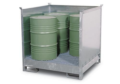 DENIOS station voor gevaarlijke goederen 4 P2-O van staal, verzinkt, voor 4 vaten van 200 liter, 3 wanden, stapelbaar, 114-486
