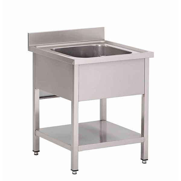Gastro-Inox spoelunit met 1 wasbak en voet, 700mm, compleet met overlooppijp en afvoerkraan, 305.501