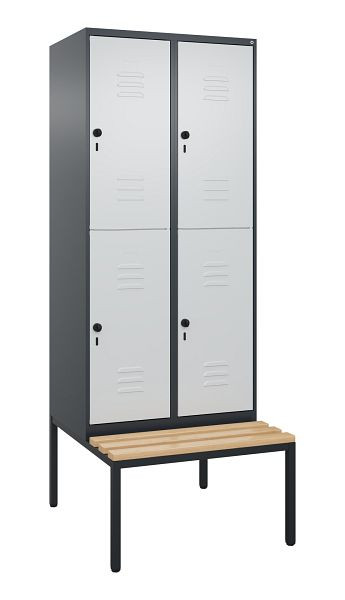 C+P Doppelstöckiger Spind Classic PLUS, 2 Abteile, 2120x800x815mm, 7016/7035, Drehriegel, Buche-Sitzleisten, mit untergebauter Sitzbank, 0803507-22 S10013