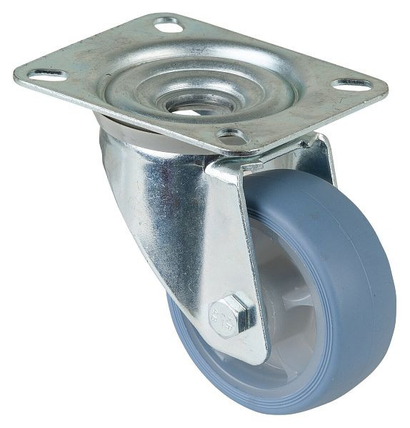 BS rollen transportwiel zwenkwiel, thermoplastisch rubberen wiel, lichtblauwe band, rollager, plaat, diameter: 80 mm, VE 4 stuks, L400.B44.081.05