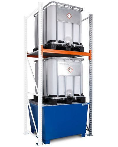 DENIOS palletstelling voor gevaarlijke stoffen, aanbouwgedeelte, 2 opslagniveaus, gelakte opvangbak, 1500 x 1300 x 3300 mm, 305415