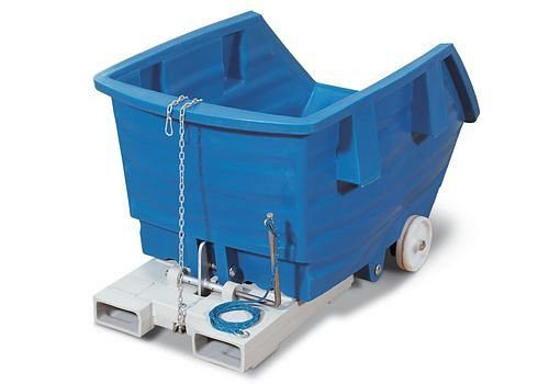 DENIOS Kippwagen aus Polyethylen (PE), mit Rollen und Gabeltaschen, 750 Liter Volumen, blau, 144623