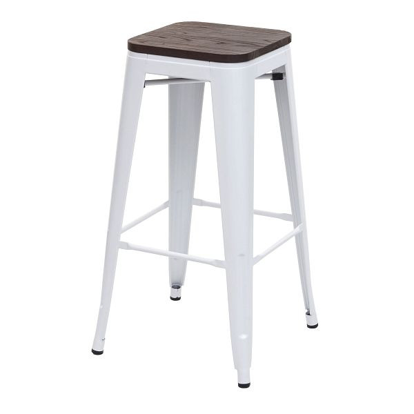 Mendler barkruk HWC-A73 incl. houten zitting, barkruk tegenkruk, metaal industrieel design, stapelbaar, wit, 74923