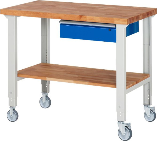 RAU verrijdbare werkbank (in hoogte verstelbaar) 7001A7, 1250x700x950-1000mm, elk 2 bokwielen en zwenkwielen, 05-7001A7-127B4H22.11