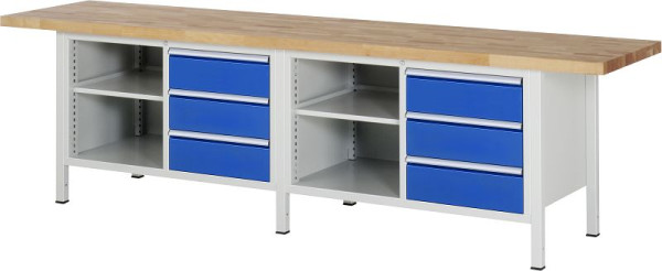 RAU werkbank serie 8000 - frameconstructie (gelast frame), dubbele onderbouw bak (1x legbord, 3x lade), 3000x840x700 mm, 03-8462A2-307B4S.11