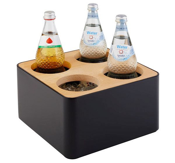APS bestekbak, 27 x 27 cm, hoogte: 15 cm, SAN, zwart, hout, 4 gaten Ø 10 cm, inclusief 4 pijlkokers, 93321