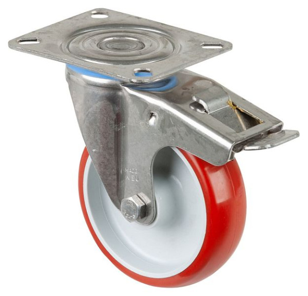 BS rollen RVS transportrol met rem, B30 mm, Ø100 mm, tot 130 kg, rood polyurethaan, kunststof behuizing, glijlager, plaat, H120.B26.100