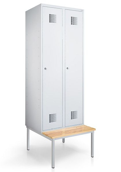 KEMMLIT lockerkast met 2 vakken 30cm met bank, lichtgrijs 7035, draaibare sluiting, 251907