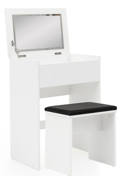 Wohnling kaptafel 60x81x40 cm witte consoletafel modern hout, cosmetische tafel met kruk en spiegel, witte kaptafel met inklapbaar vak, WL5.730