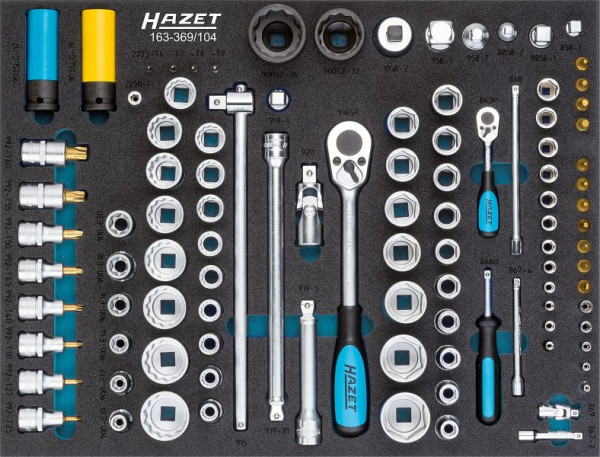 HAZET dopsleutelset, hol vierkant 6,3 mm (1/4 inch), hol vierkant 12,5 mm (1/2 inch), aantal gereedschappen: 104, 163-369/104