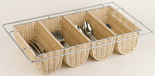 APS bestekbak GN 1/1, buffet 53 x 32,5 x 10 cm, poly rattan mand met verchroomd draadframe, stoere uitvoering, 11965