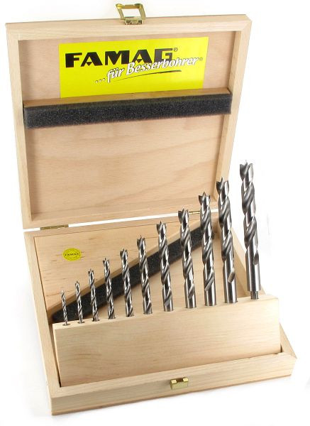 Famag houtboor HSS-G bits lang, in een houten kist, executie: 11 stuks in een houten doos Ø 3, 4, 5, 6, 7, 8, 9, 10, 11, 12, 13 mm, 1597.511.00