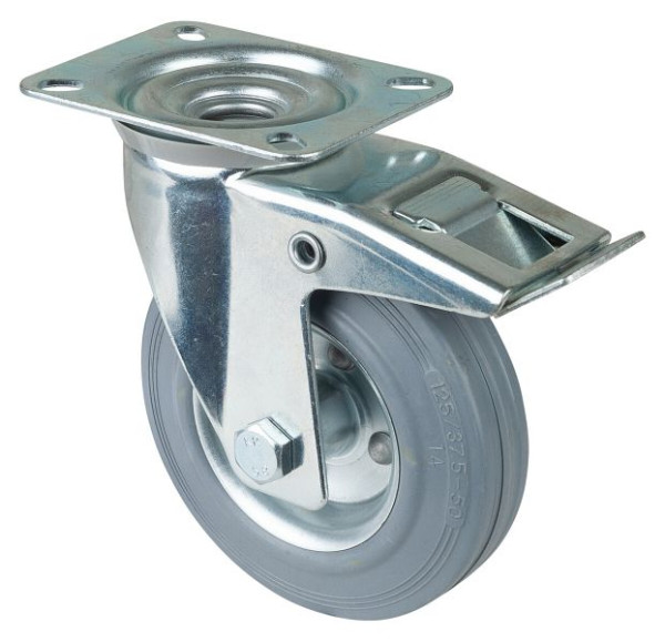 BS rollen transportrol met rem, breedte 37 mm, Ø125 mm, tot 100 kg, grijs rubberen loopvlak, rollager, plaat, VE = 2 stuks, L420.B56.125