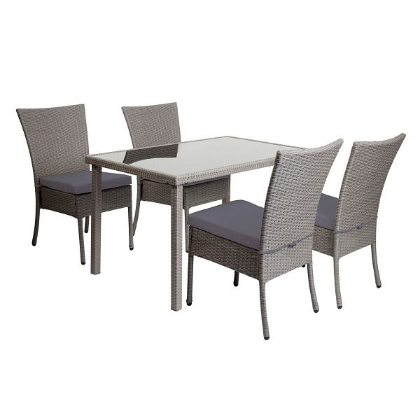 Mendler poly rotan set HWC-G19, zitgroep balkon/lounge set, 4xstoel+tafel, 120x75cm, grijs, kussens donkergrijs, 2x97138+97137