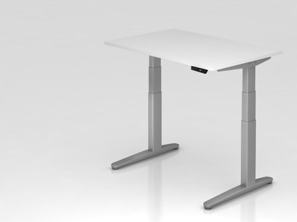 Hammerbacher elektrisch zit-sta bureau 120x80cm wit/zilver, rechthoekige vorm, VXBHM12/W/SS