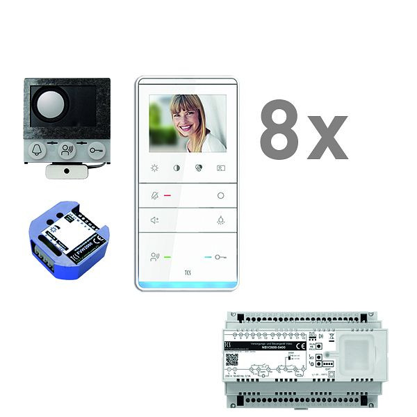 TCS video inbouw mailbox, 8 woonunits, ingebouwde luidspreker ASI12000 + 8x handsfree speaker IVW5111, control unit + video tweedraadszender, PVIF080/001