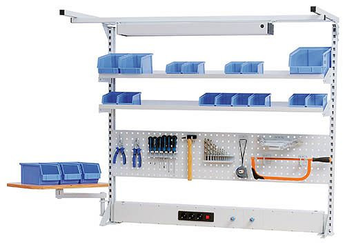 Bedrunka + Hirth meerwandige opbouw werklijn met bovenframe, 1x energiekanaal, 1x geperforeerde wand, 2x legplank, 1500 x 750 x 1250 mm, 03.9001524WL