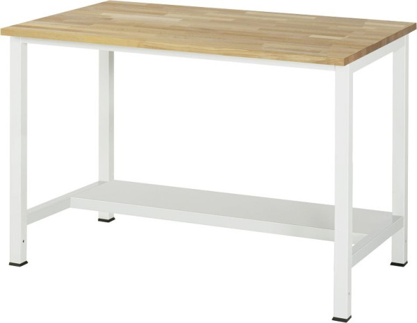 RAU werktafel serie 900, B1250 x D800 x H825 mm, massief beukenhouten blad, dikte 25 mm, met plank onder, diepte 320 mm, 03-900-3-B25-12.12