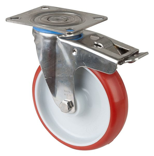 BS rollen RVS transportrol met rem, B32 mm, Ø125 mm, tot 130 kg, rood polyurethaan, kunststof behuizing, glijlager, plaat, H120.B26.125