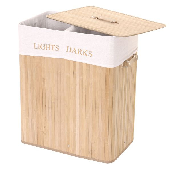 Mendler wasmand HWC-C21, Wasmand wasbox wasmand wasmand, bamboe 2 vakken 63x55x34cm 100l, naturel kleur, 61153