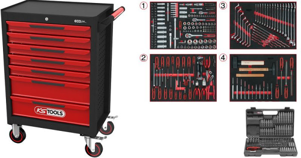 KS Tools ECOline ZWART/ROOD werkplaatswagen met 7 laden en 515 premium gereedschap, 897.7515