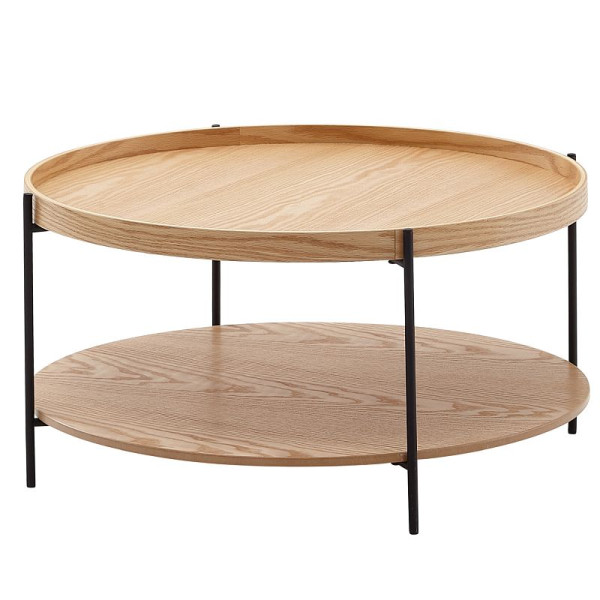 Wohnling salontafel 78x78x40 cm salontafel hout / metaal woonkamertafel eiken, design kamertafel modern rond met plank, houten tafel salontafel, WL6.491