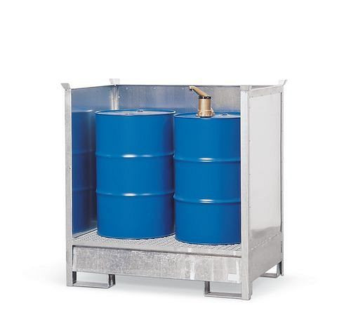 DENIOS station voor gevaarlijke goederen 2 P2-O van staal, verzinkt, voor 2 vaten van 200 liter, 3 wanden, stapelbaar, 114-484