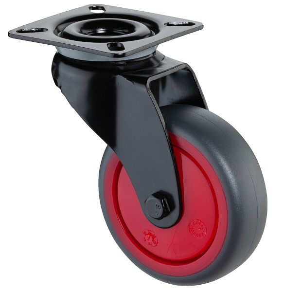BS Wielen Zwart zwenkwiel, grijs thermoplastisch rubberen wiel, rode velg, kogellager, plaat, diameter: 75 mm, VE = 4 stuks, A800.A85.075.03
