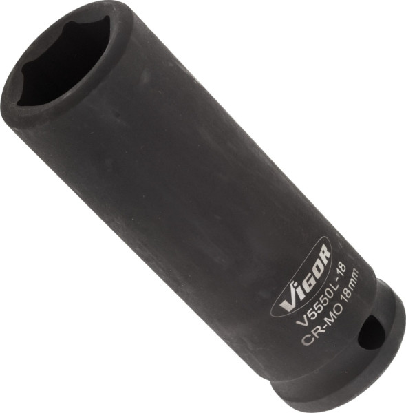 VIGOR slagmoersleuteldop, lang, hol vierkant 12,5 mm (1/2 inch), buitenzeskantprofiel, 18 mm, V5550L-18