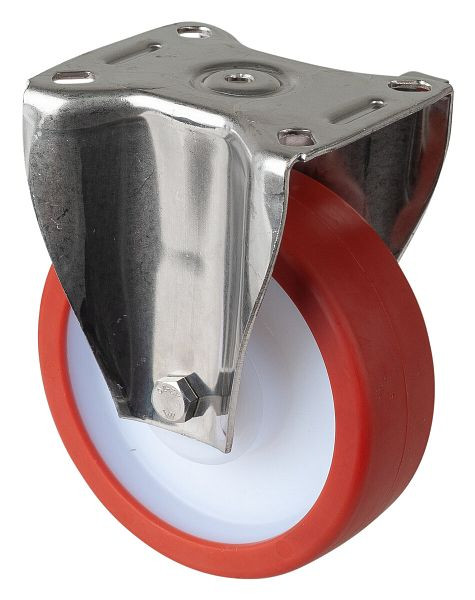BS rollen RVS zwaarlastwiel bokwiel, RVS, glijlager rood polyurethaan wiel, schroefplaat 125 mm, draagvermogen 300 kg, HS110.B27.125