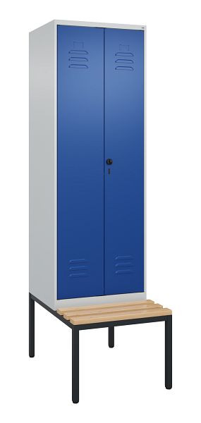 C+P luierkastje Classic PLUS, 2 vakken, 2120x600x815mm, 7035/5010, draaibare sluiting, met onderbank, beuken zitlat, 0800527-20P S10003