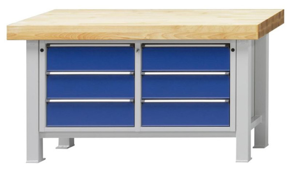 ANKE zware werkbank; 1500x800 mm; RAL 7035/5010; Beuk massieve plaat; Links 3 laden 180 mm; Rechts 3 laden 180 mm