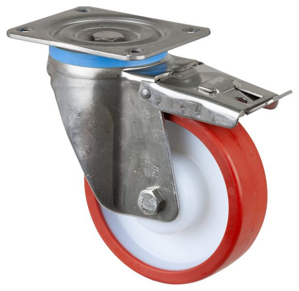 BS Wielen RVS zwaarlastwiel met rem, B45 mm, Ø150 mm, tot 600 kg, rood polyurethaan oppervlak, rollager, HS120.B28.150